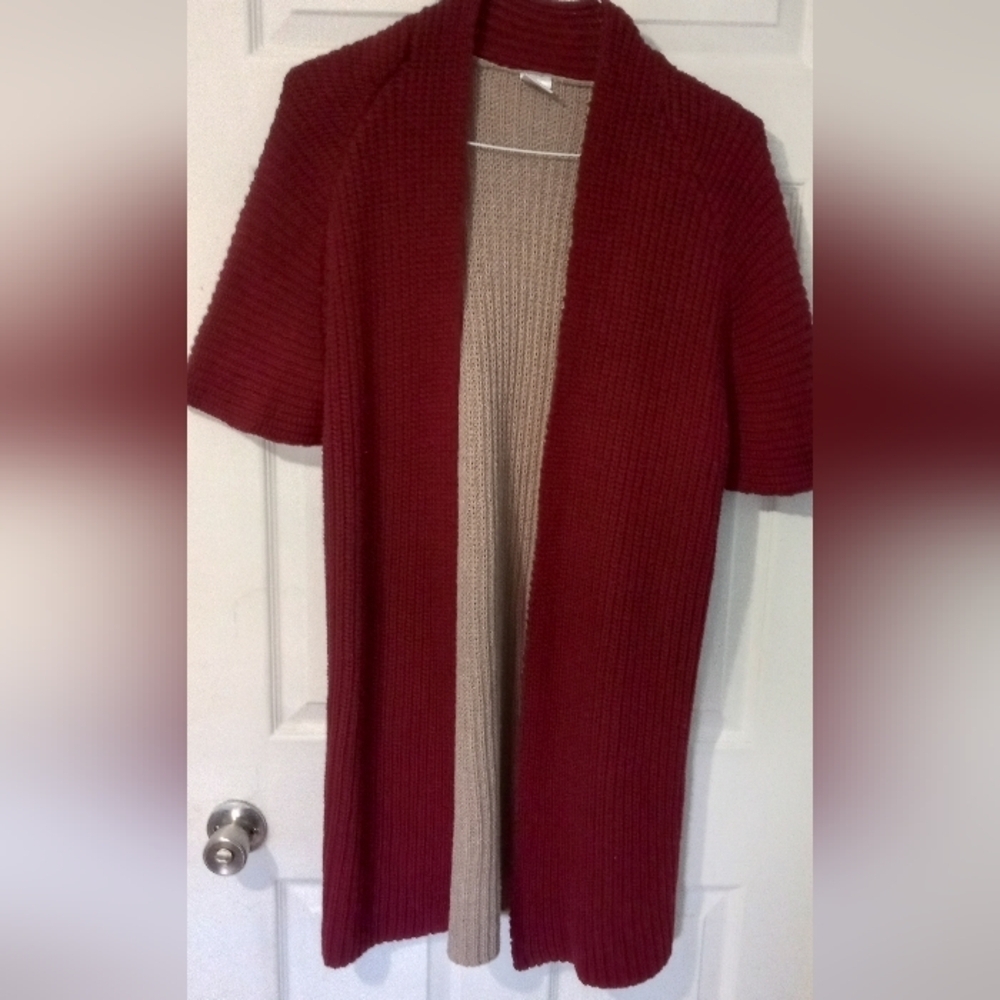 All threads Main Street Cardigan. Size large, burgundy and beige